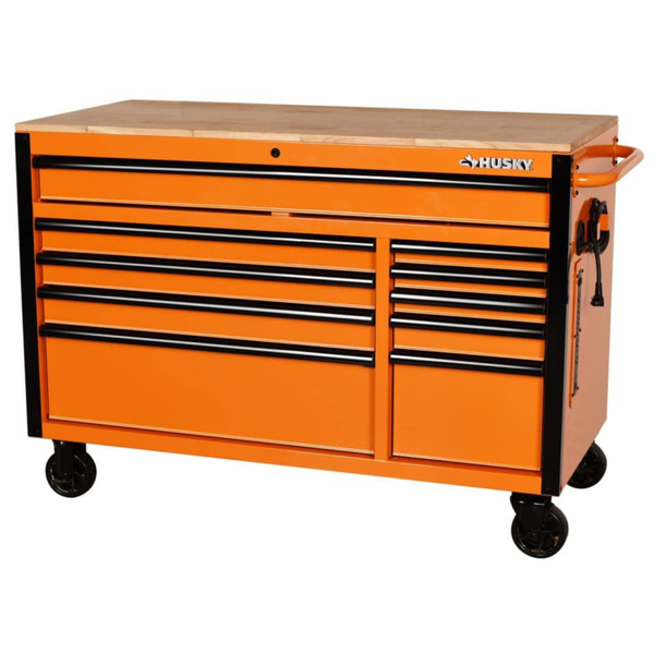 52 In. W X 24.5 In. D Standard Duty 10-Drawer Mobile Workbench Tool Chest with Solid Wood Work Top in Gloss Orange