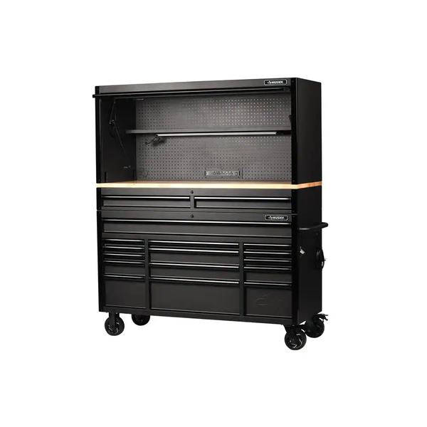 61 In. W X 23 In. D Heavy-Duty 17-Drawer Mobile Workbench Cabinet with Riser and Hutch in Matte Black