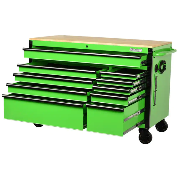 52 In. W X 24.5 In. D 10-Drawer Green Mobile Workbench Cabinet with Solid Wood Top