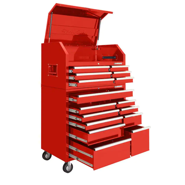 41 In. W X 24.5 In. D Standard Duty 16-Drawer Combination Rolling Tool Chest and Top Tool Cabinet Set in Gloss Red
